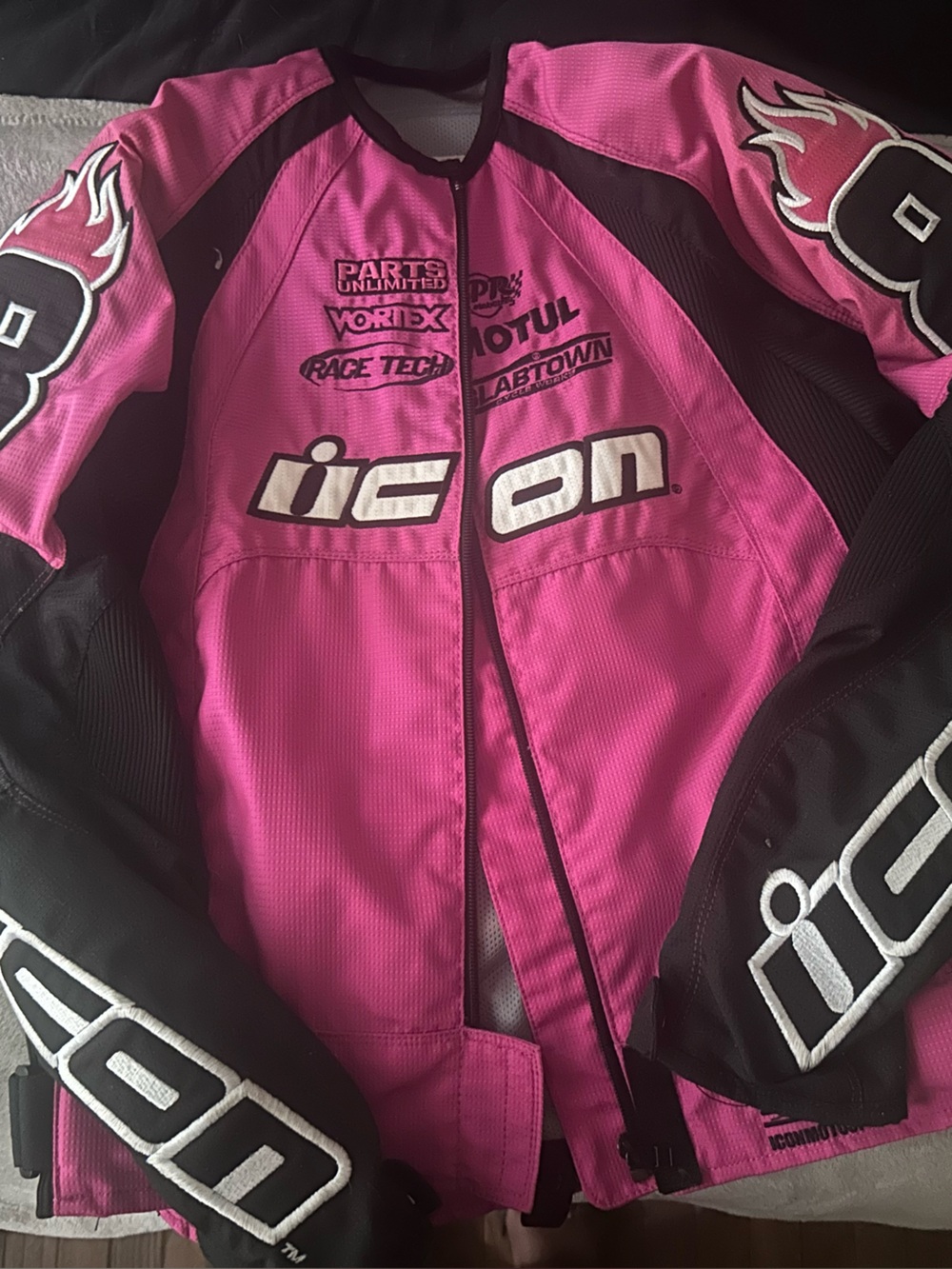 ICON Woman Pink and Black Racing-Style Puffer Jacket